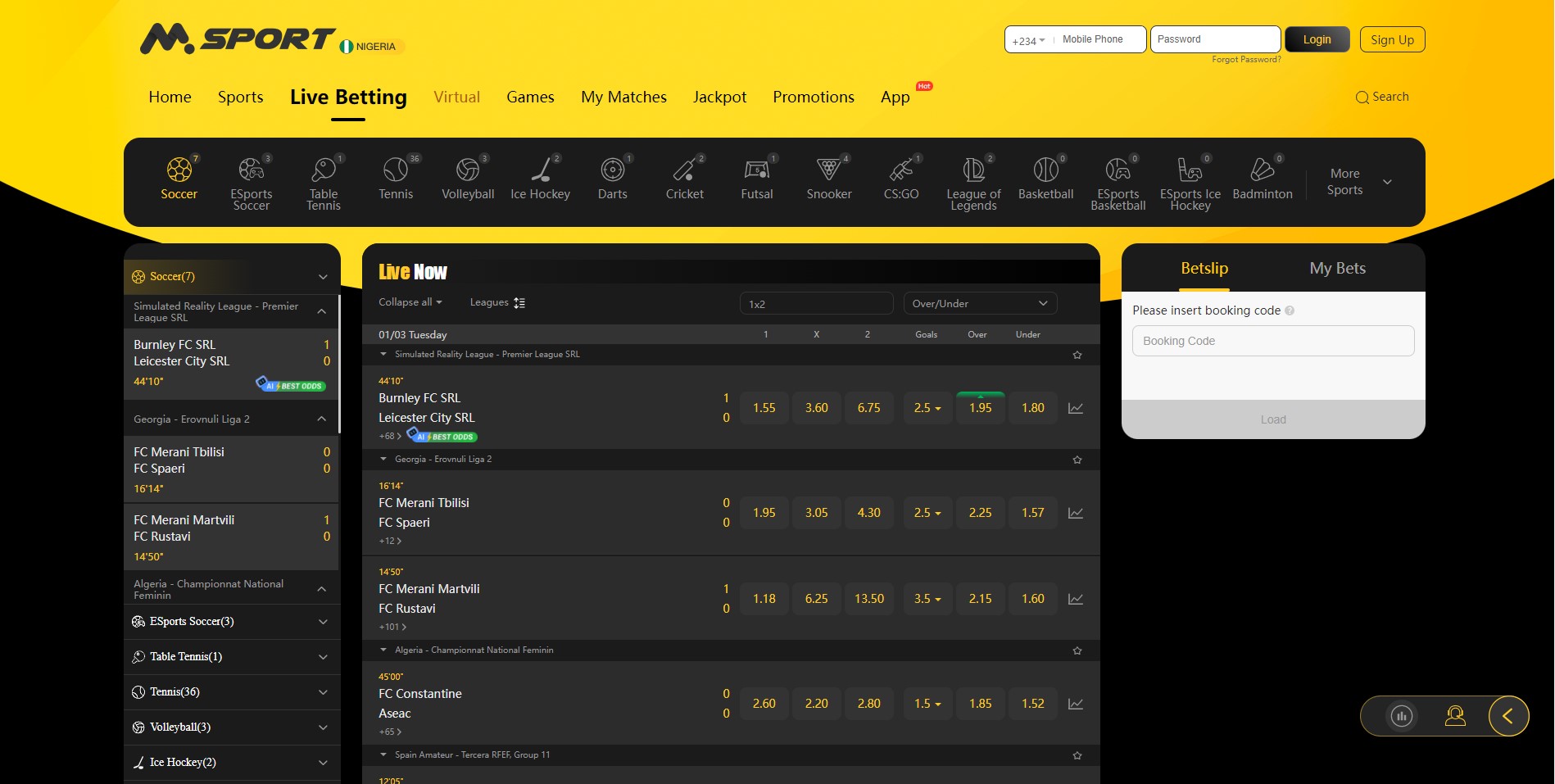 Msport live betting page